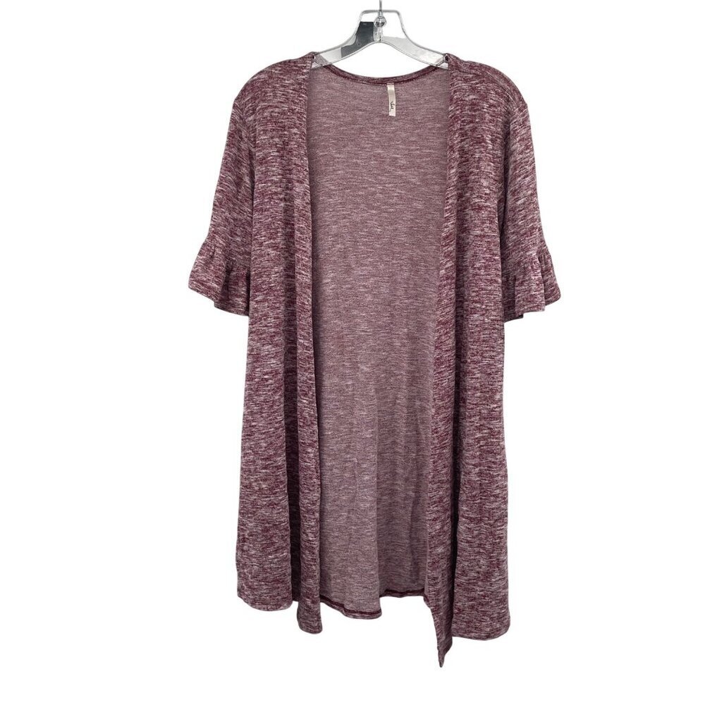 Voll Womens Open Front Cardigan Short Ruffle Sleeve Maroon/White Size Small